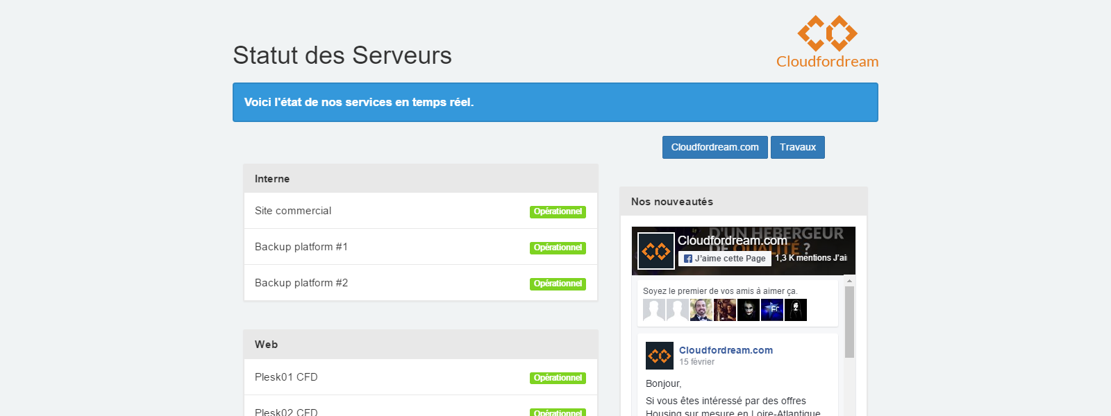 Cloudfordream Status - projet réalisé par Nity Pro (Florian LEROY)