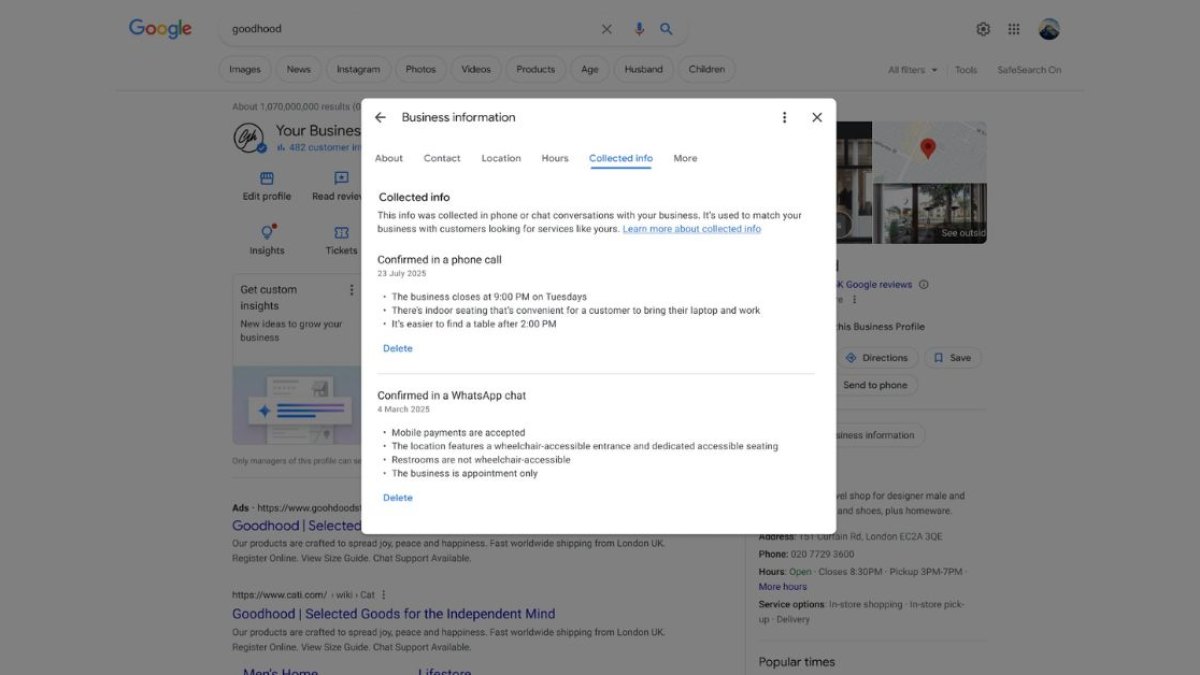 Business Profile : Google ouvre un onglet pour contrôler les infos collectées automatiquement